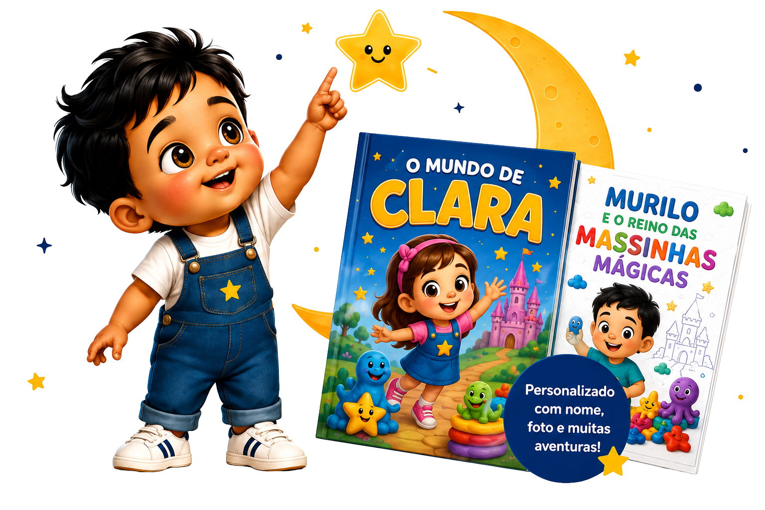 Arte do Imaginei com menino apontando para uma estrela, lua e os livros O Mundo de Clara e Murilo e o Reino das Massinhas Mágicas